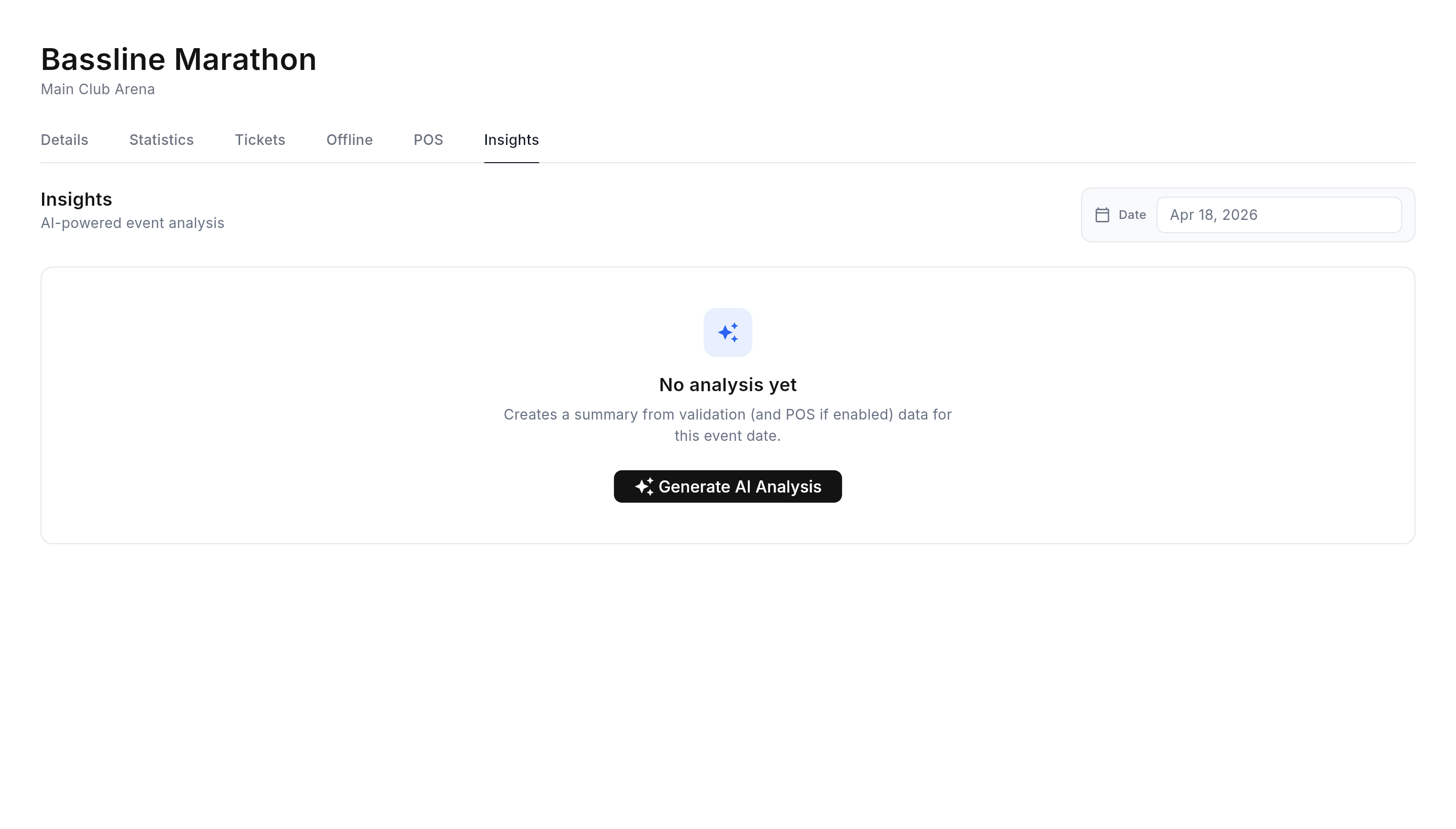 Ticket Validation Insights tab: empty state with No analysis yet and Generate AI Analysis button.