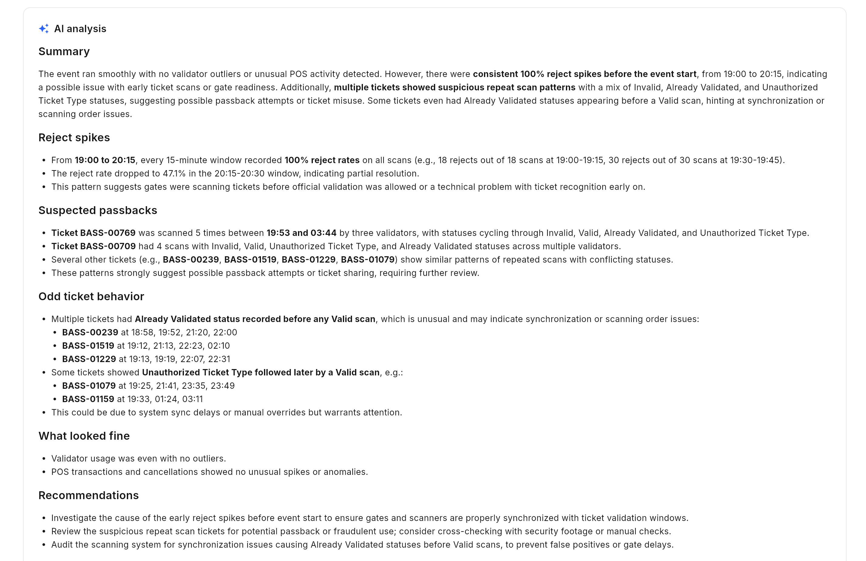 Ticket Validation Insights tab: completed AI analysis report with Summary and signal sections.