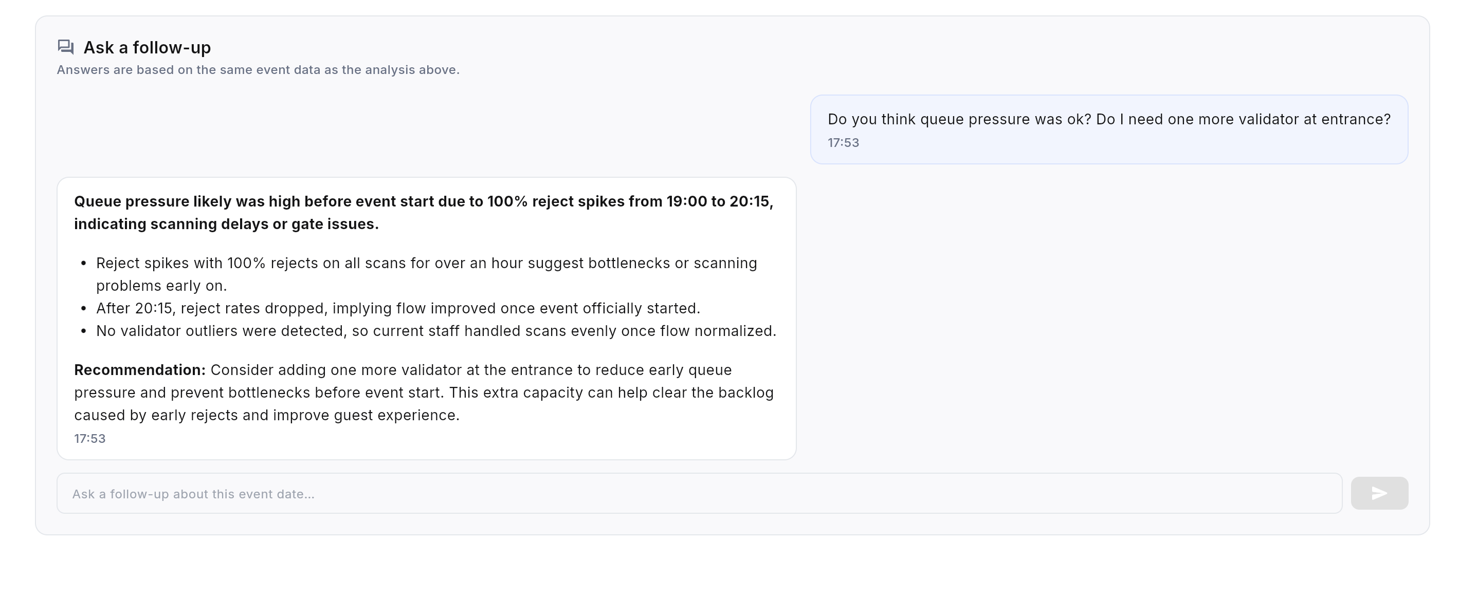 Ticket Validation Insights tab: Ask a follow-up chat with a sample question and answer.