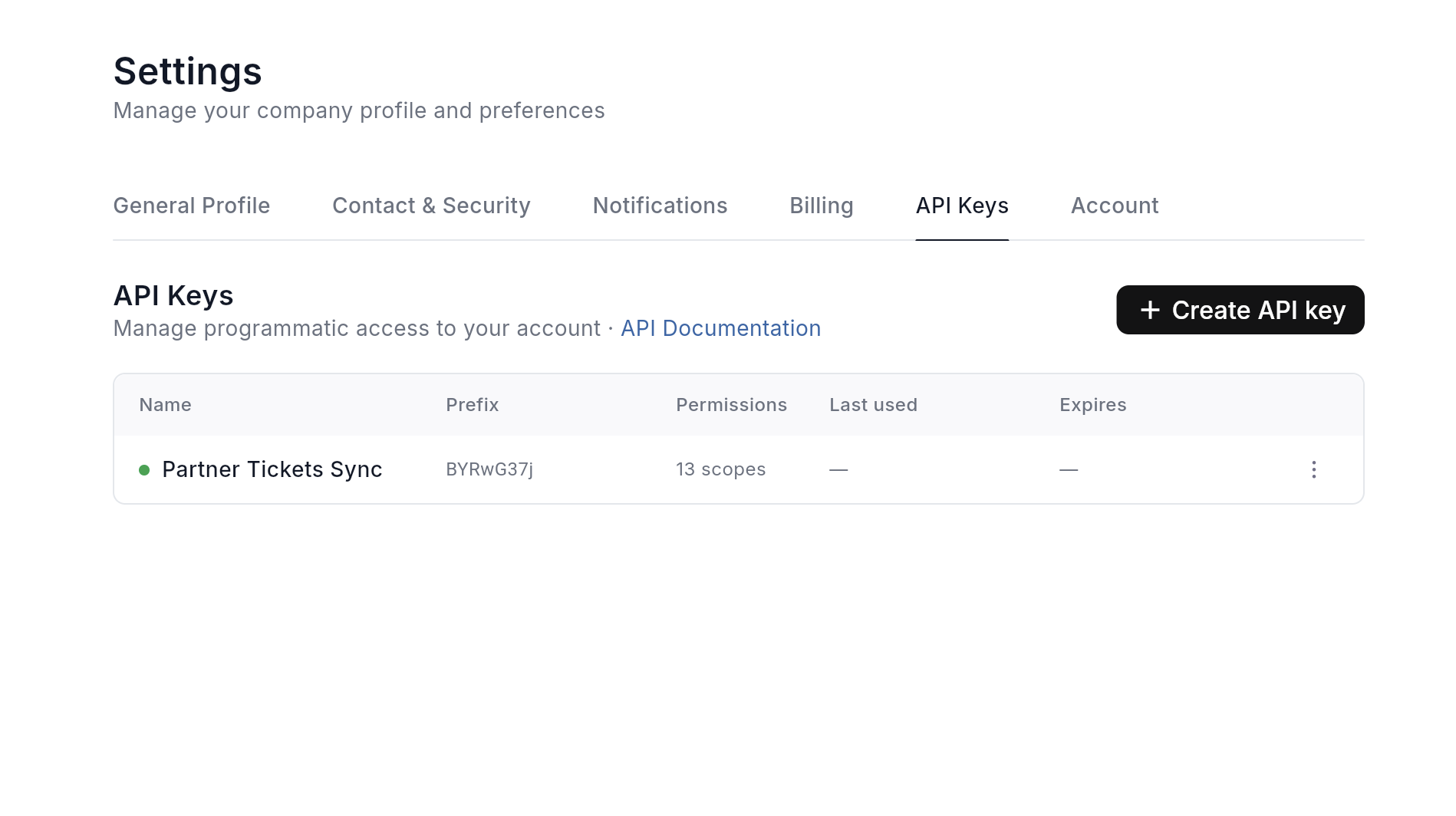Ticket Validation web app: Settings with the API Keys tab open.