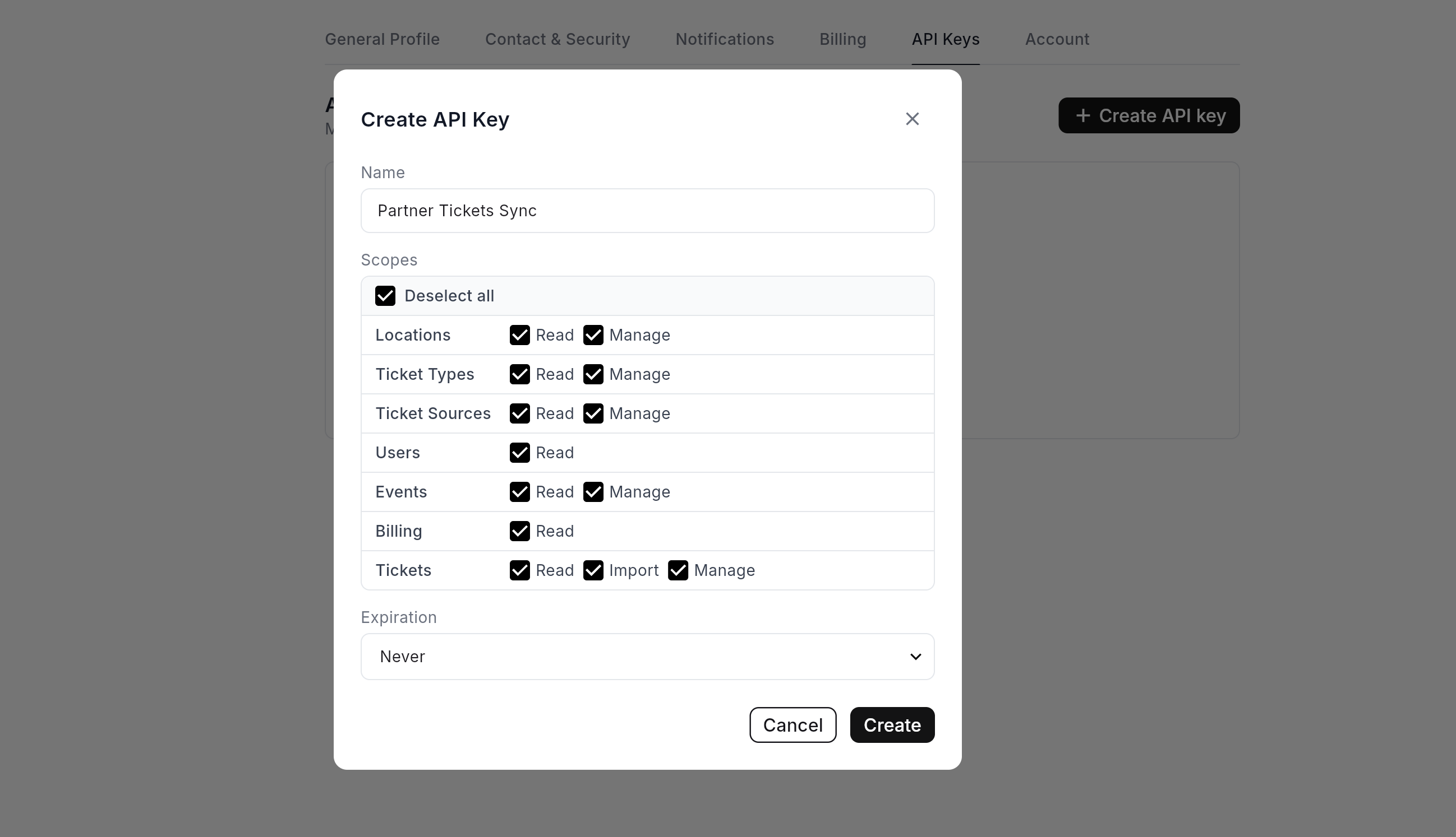 Ticket Validation web app: dialog to create an API key with scope selection.