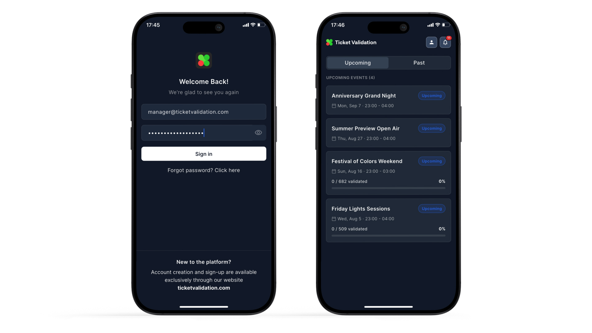 Ticket Validation manager mobile: login screen and home dashboard with event cards.