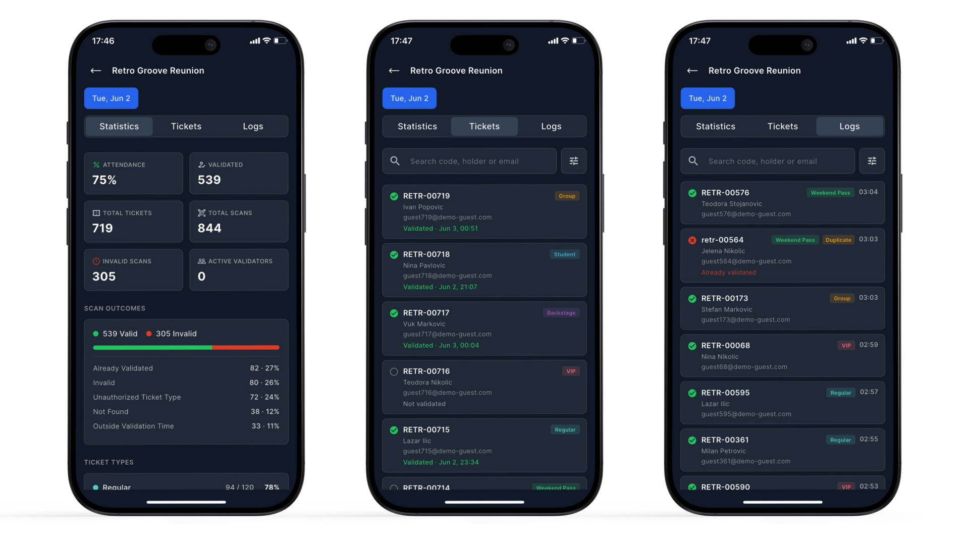 Ticket Validation manager mobile: Statistics, Tickets, and Logs tabs for an event.