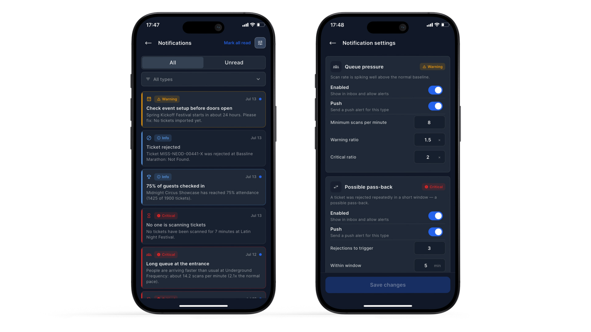 Ticket Validation manager mobile: notification inbox and notification settings.
