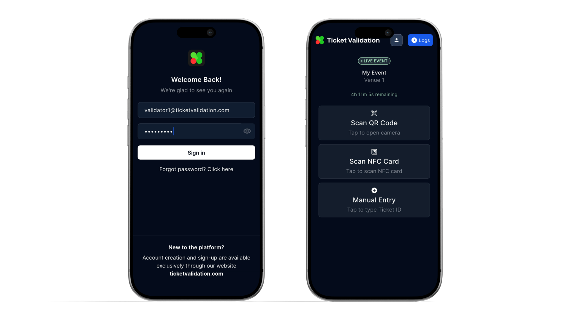 Ticket Validation mobile app sign-in screen.