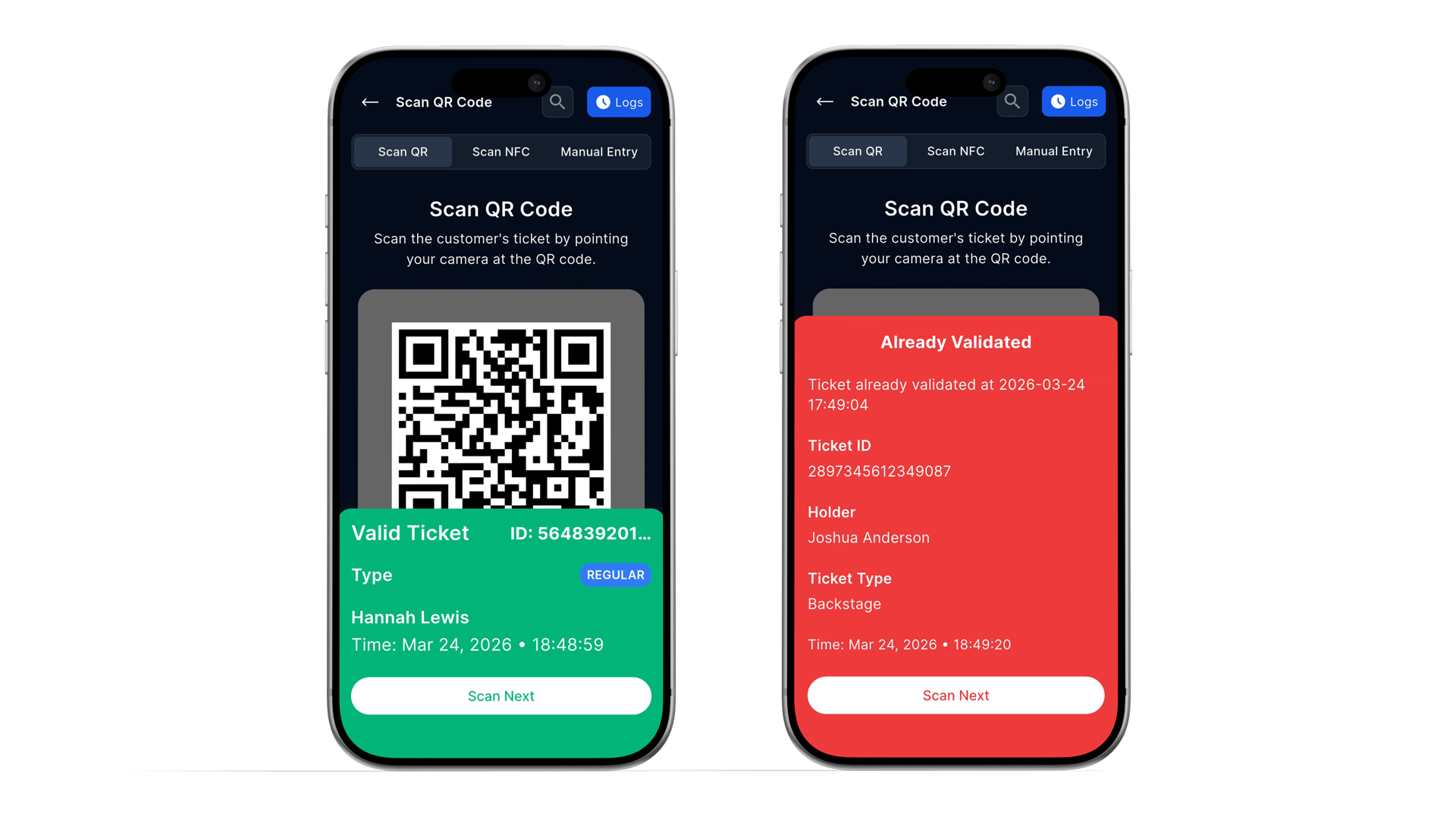 Ticket Validation mobile app: scan, manual entry, and NFC.