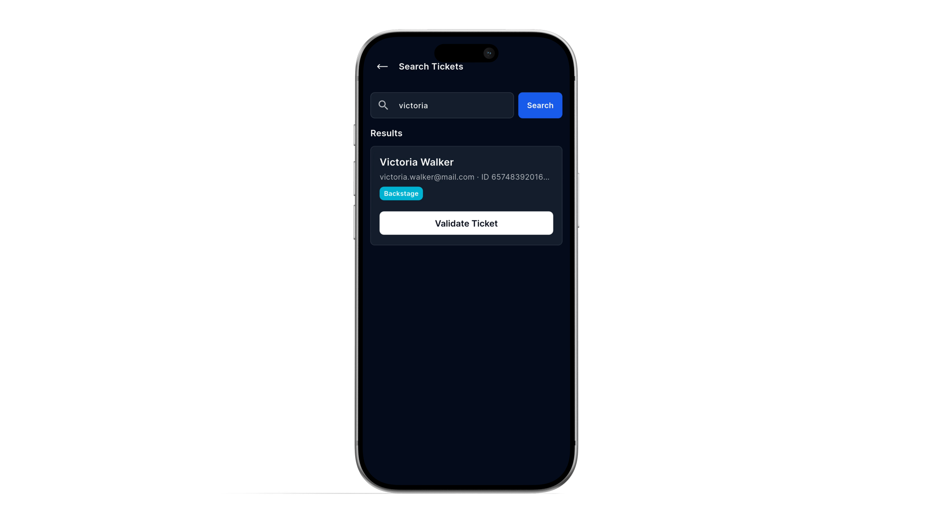Ticket Validation mobile app: search tickets.