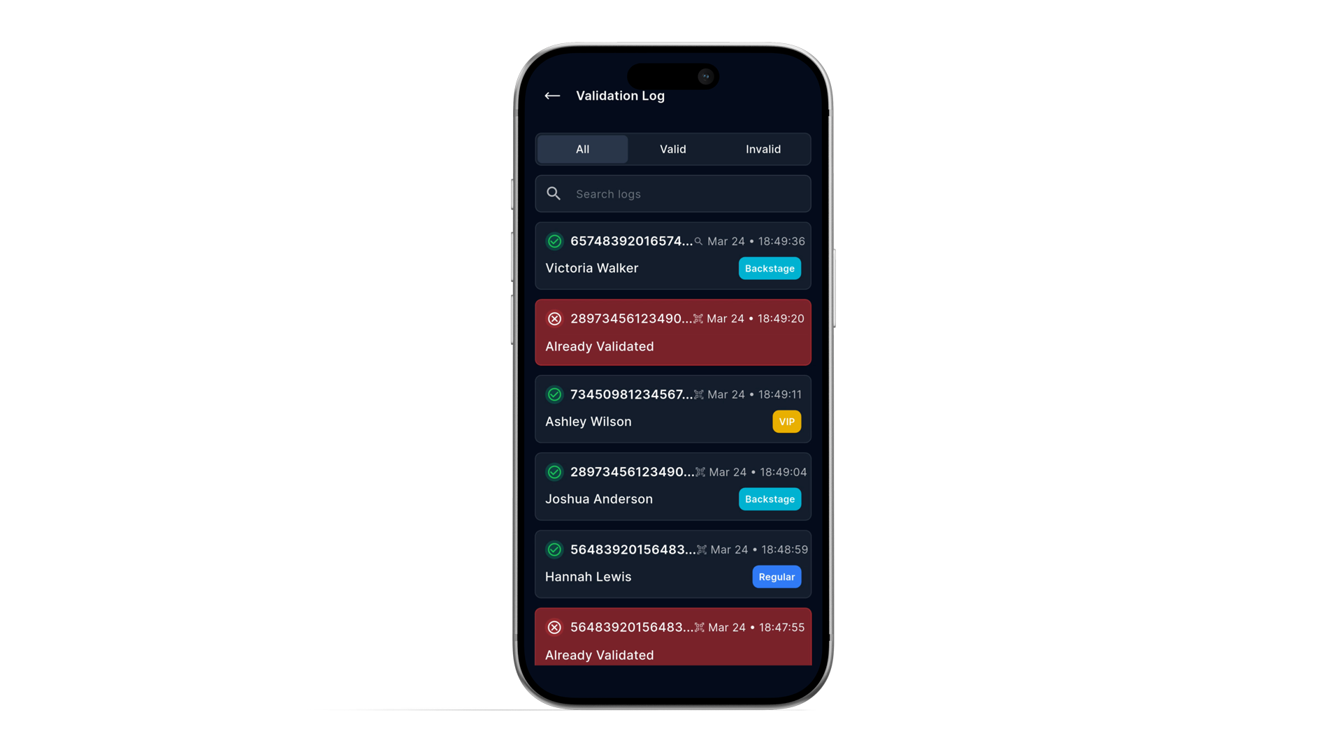 Ticket Validation mobile app: Validation Log screen with All, Valid, and Invalid filters, search field, and a scrollable list of validation entries including valid tickets and already validated entries.