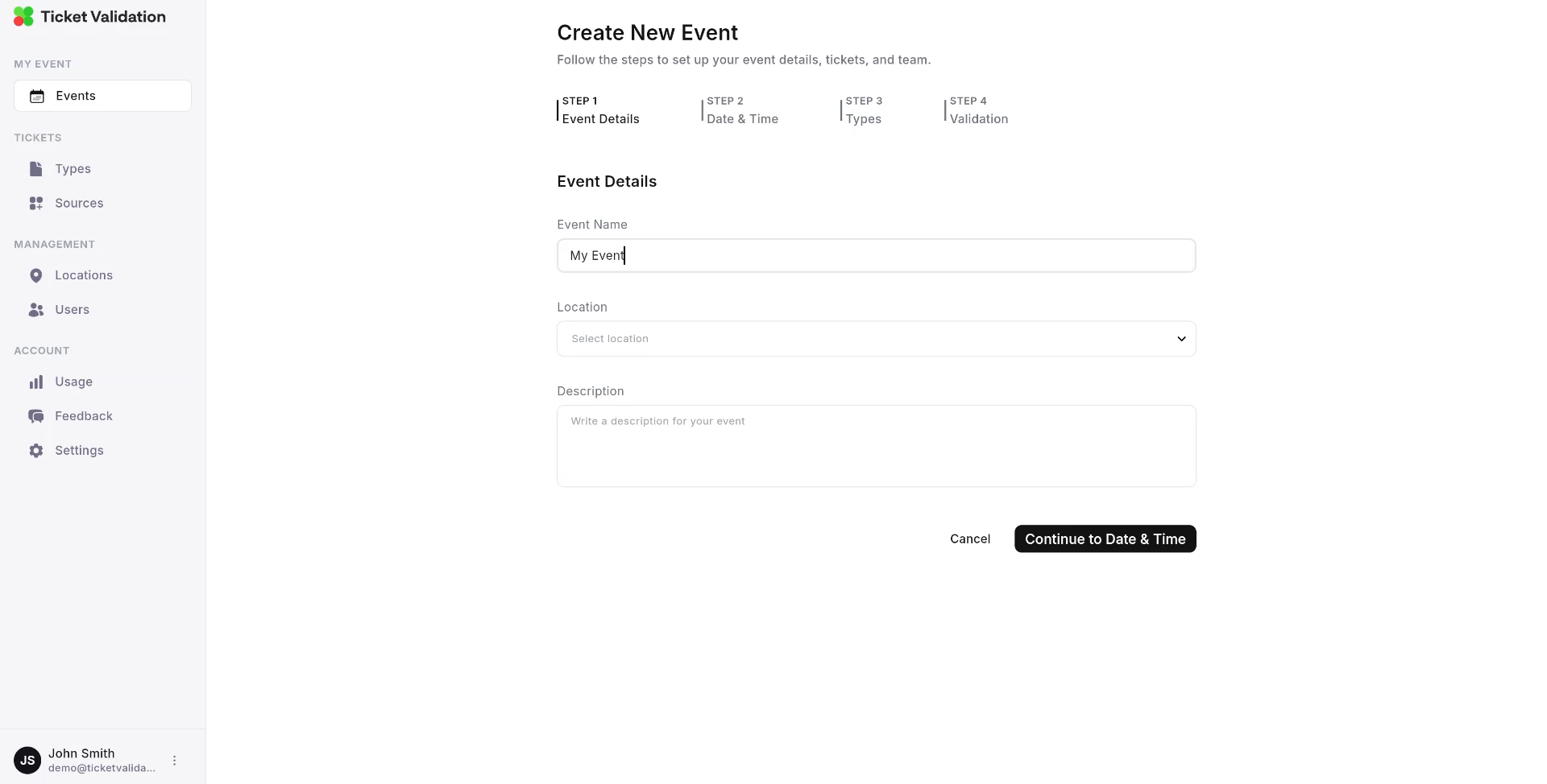 Ticket Validation web app: event wizard with ticket types from several sources selected for one event.