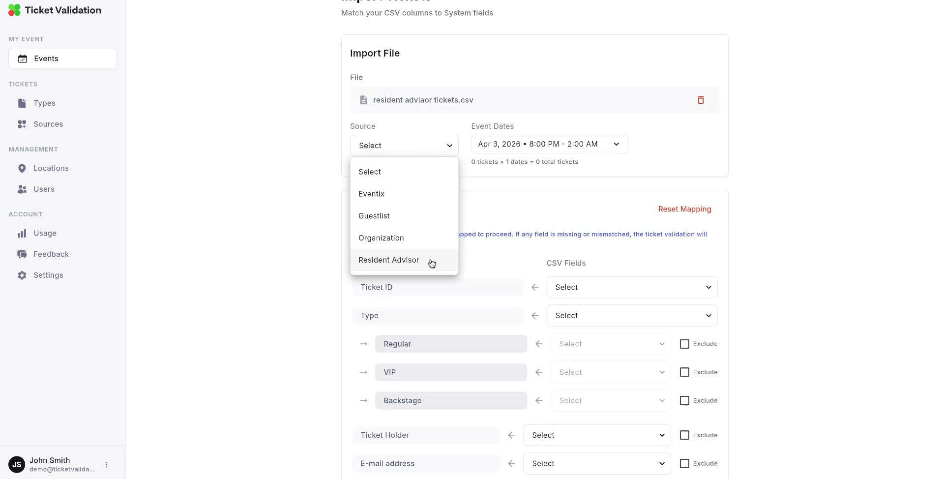 Ticket Validation web app: import flow showing ticket source selection for a multi-platform event.