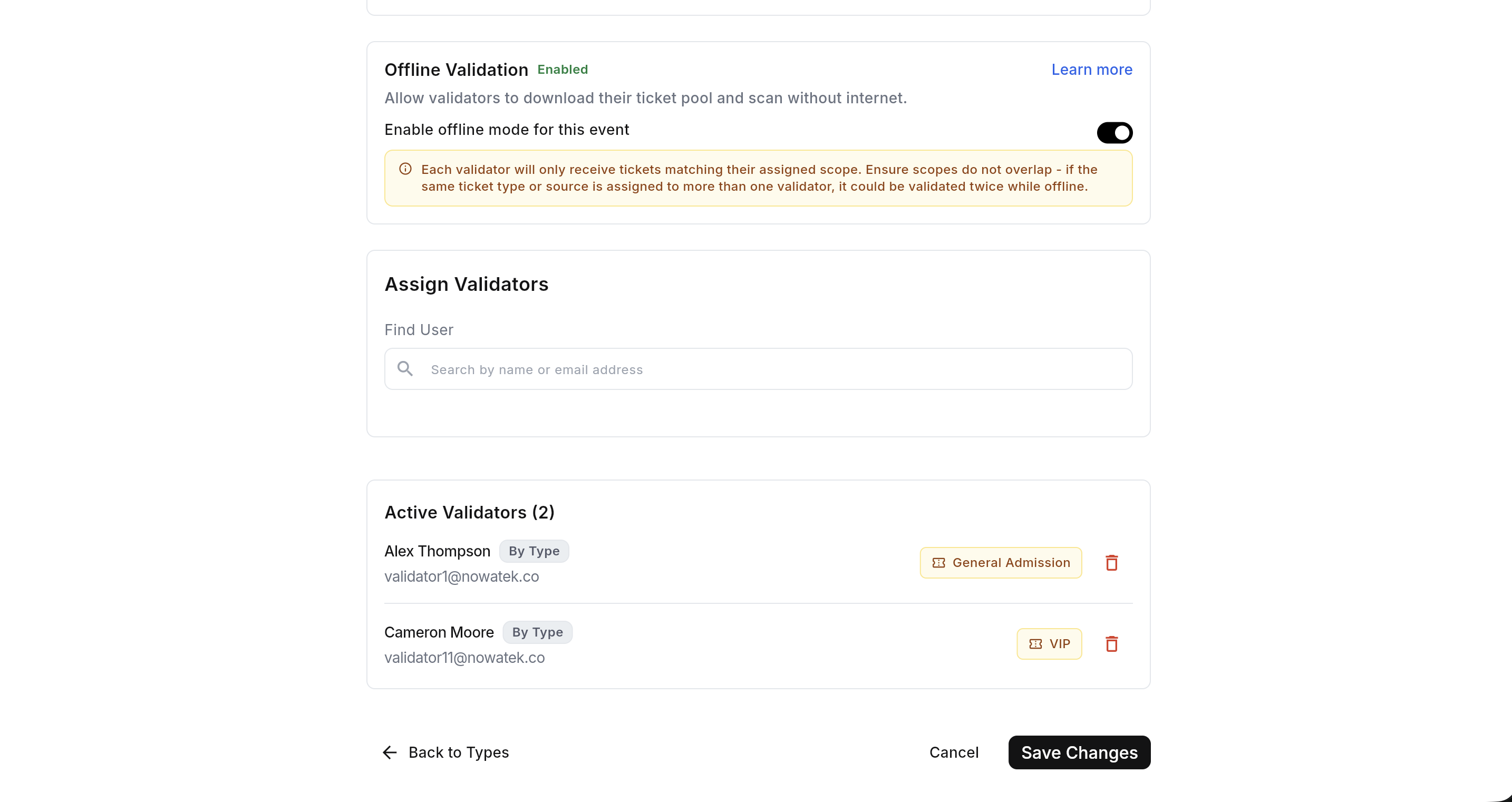 Ticket Validation web app: event validation settings with offline mode and validator assignment.