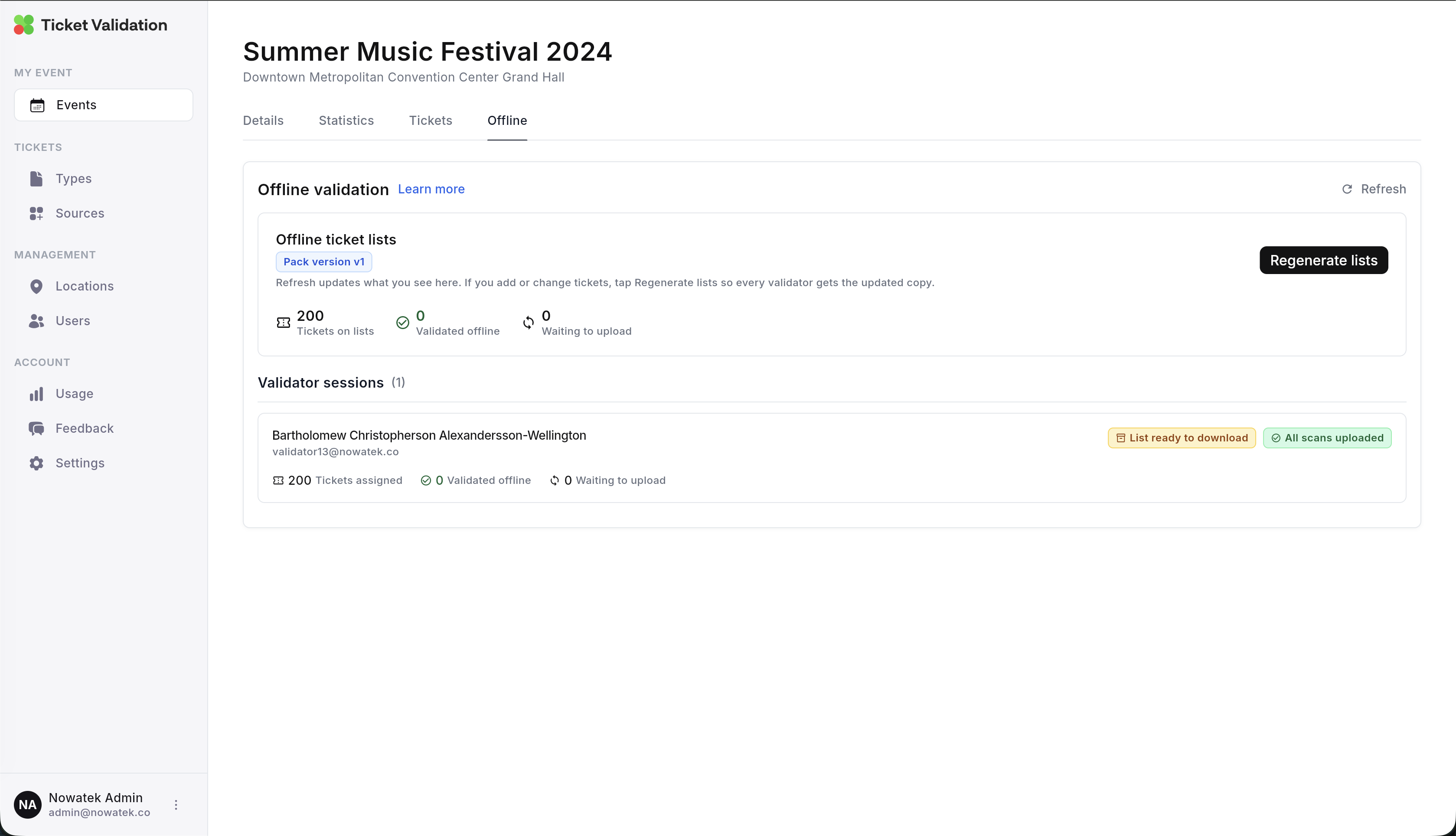 Ticket Validation web app: Offline validation section with list status, metrics, and validator cards.