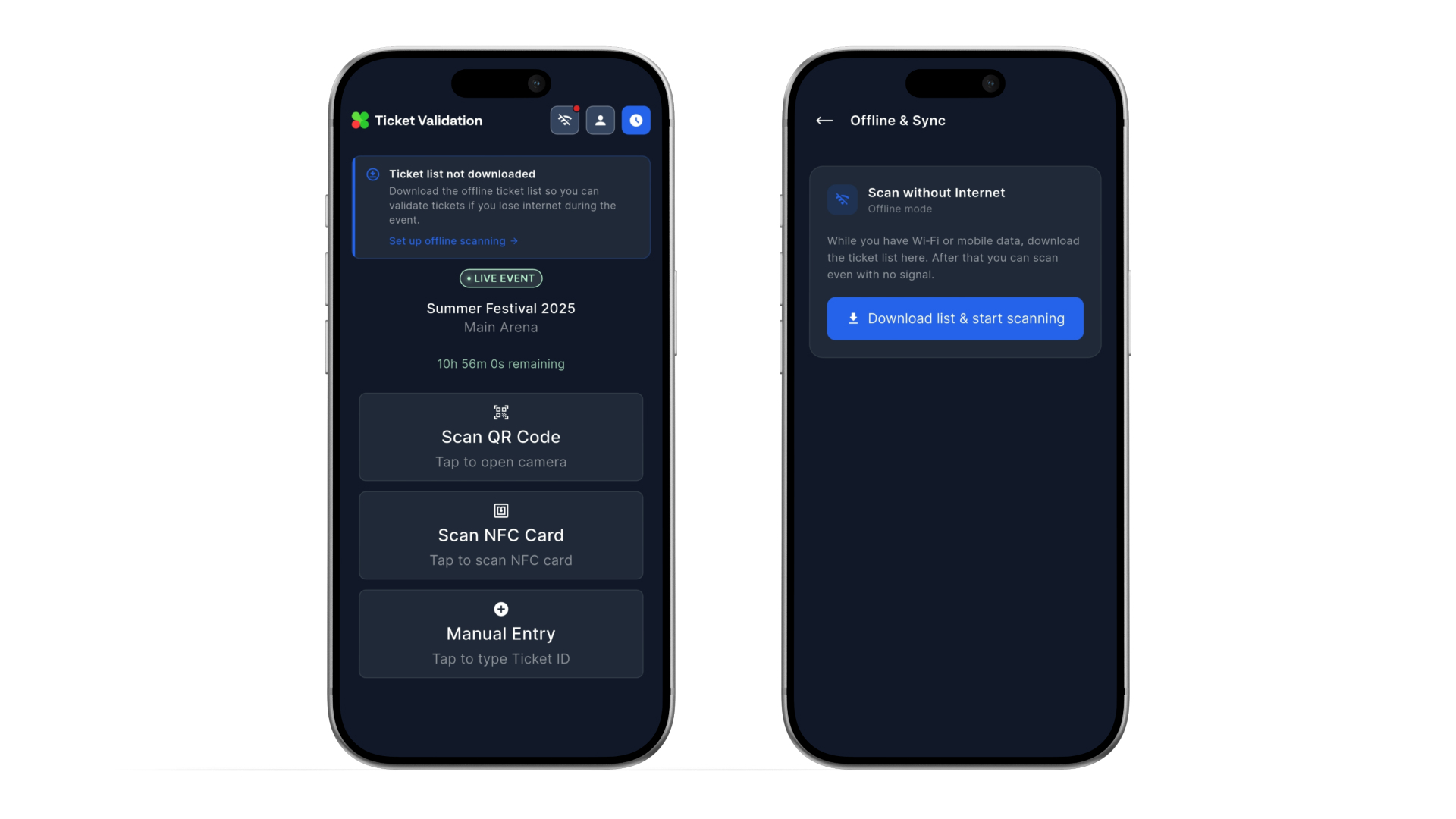 Ticket Validation mobile app: starting an offline shift and downloading the ticket list.