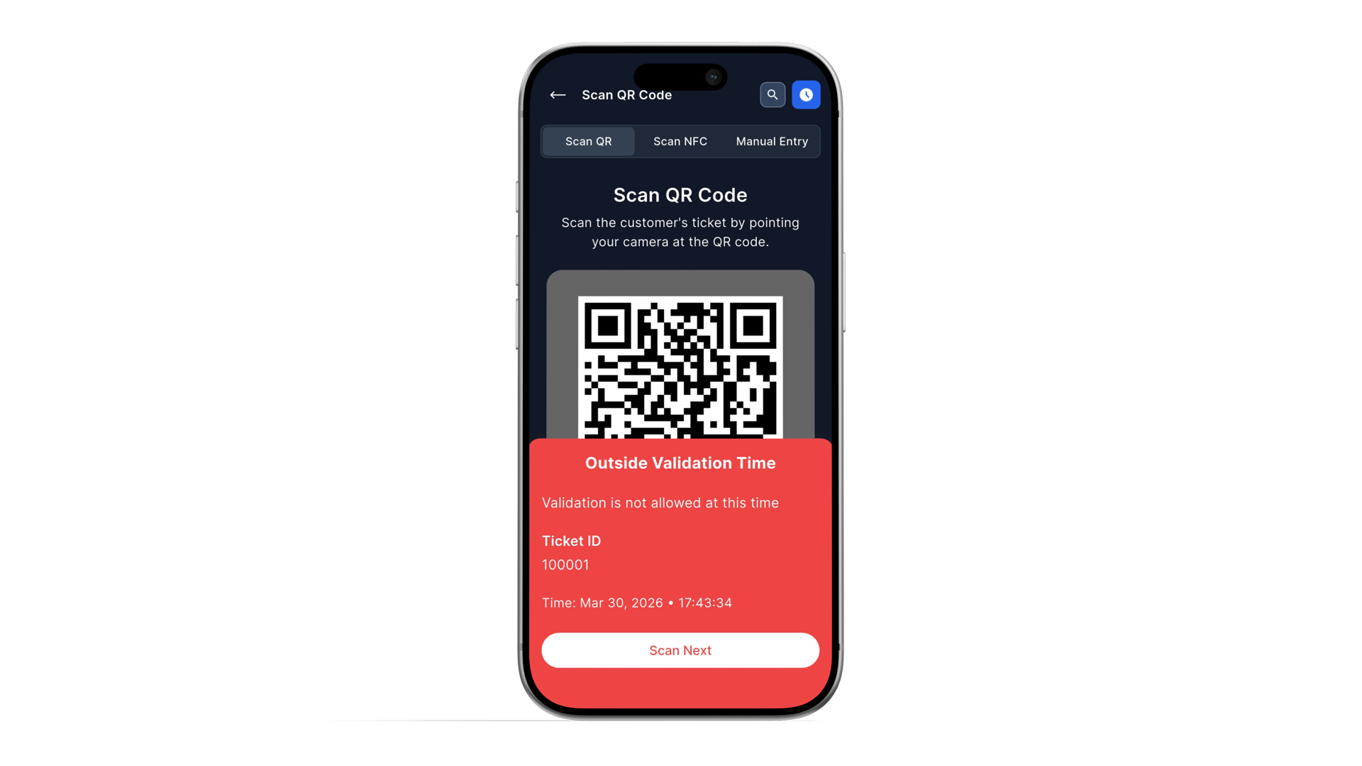Ticket Validation event detail: validation section showing default times and exception lines.